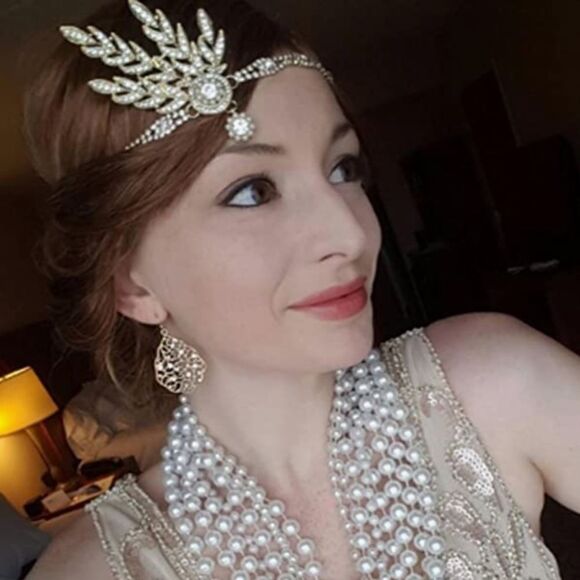 ✨ NWT Art Deco 1920’s Gatsby Flapper Crystal Rhinestone & Pearl, Gold Headband - Picture 4 of 5